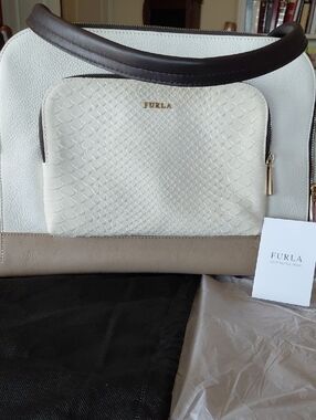 NWT Furla FRIDA Cream, Taupe & Dark Brown calf Leather Satchel, Dust Bag, MINT